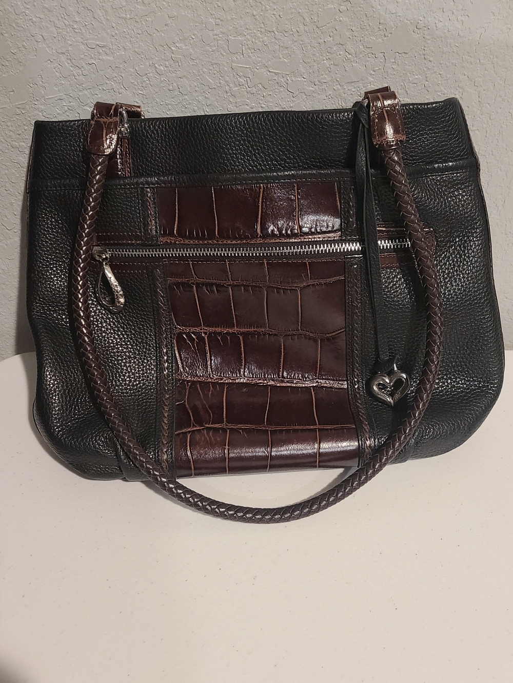 Brighton Black and Dark Brown Leather Croc-Accent Shoulder Bag